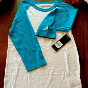 boys Adidas triple stripe 3/4 practice tee, teal blue